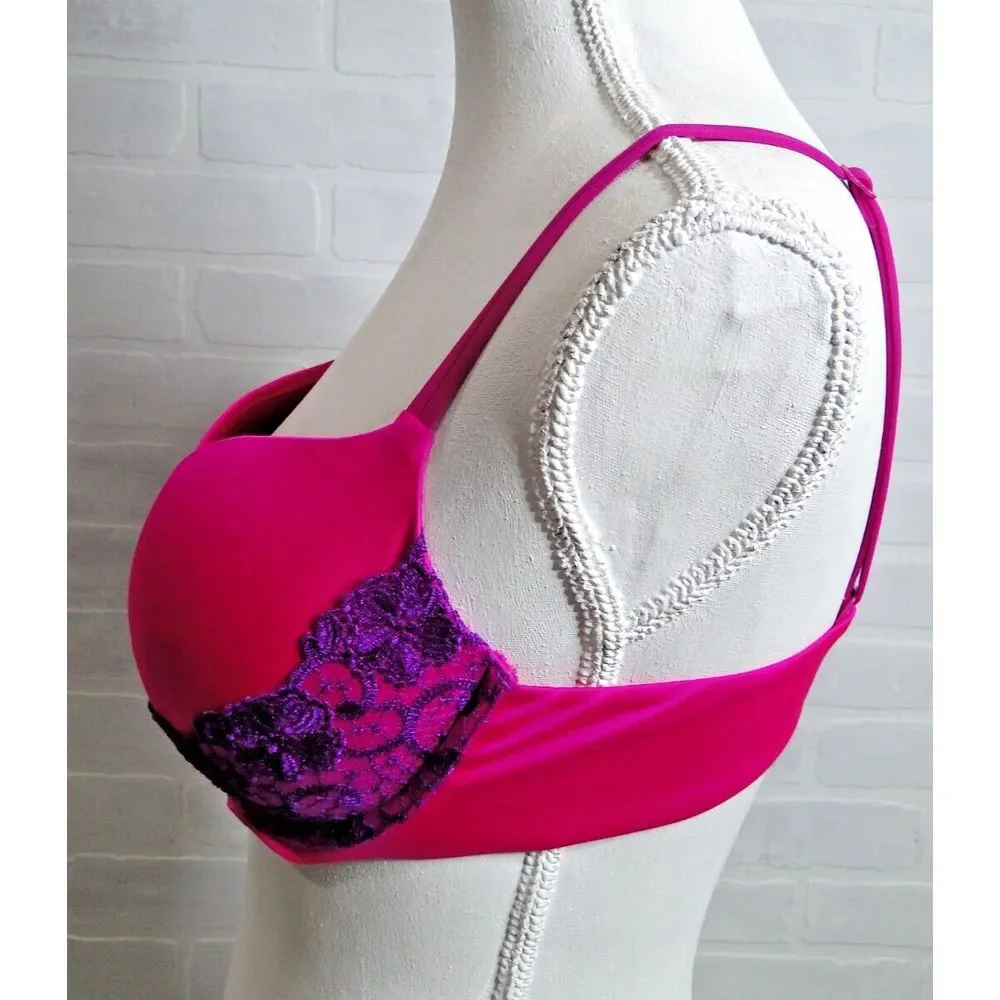 Victoria's Secret Hot‎ Pink Purple Lace Trim PUSH-UP Padded Bra 3601050 36C